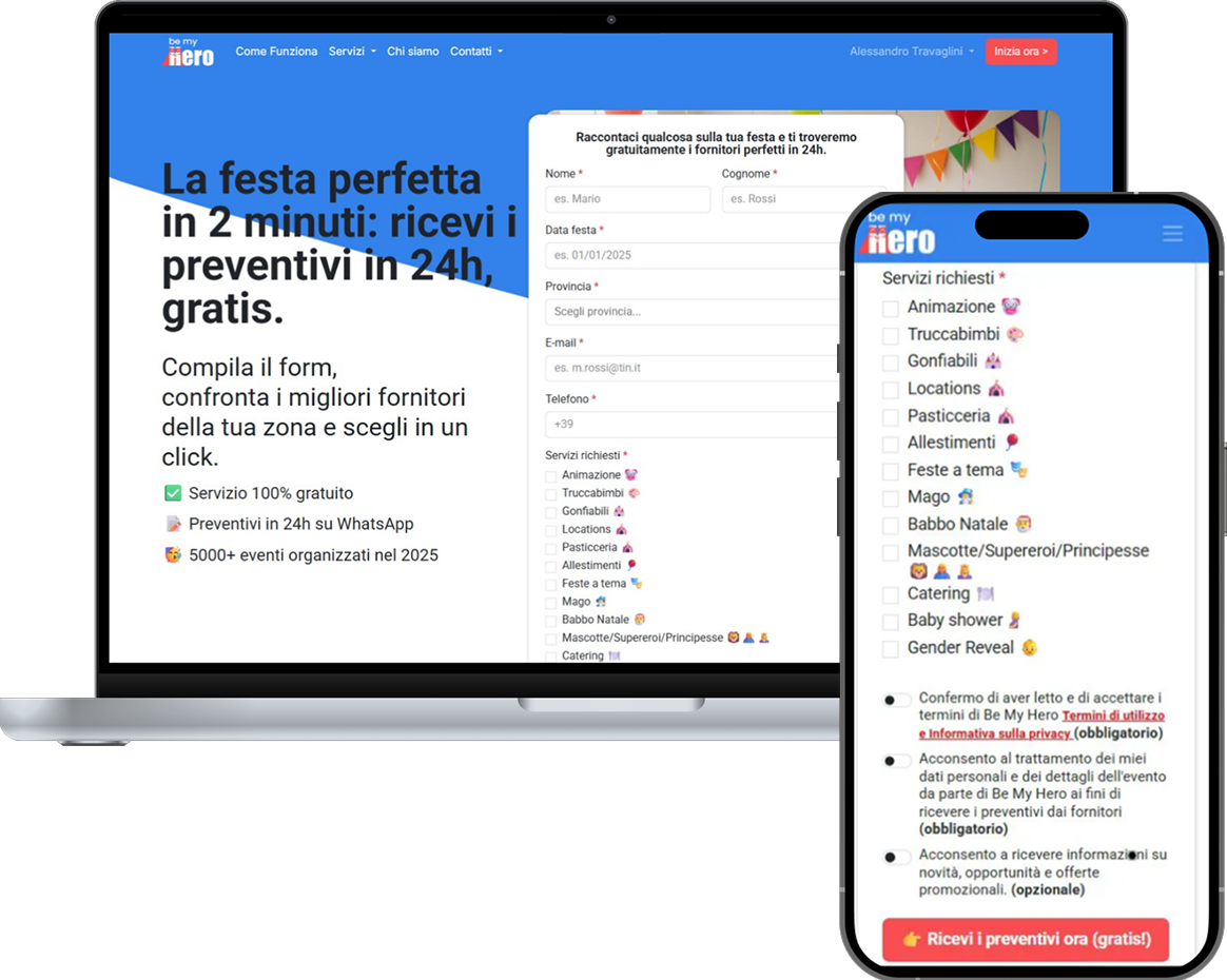 Piattaforma BeMyHero su desktop e telefono